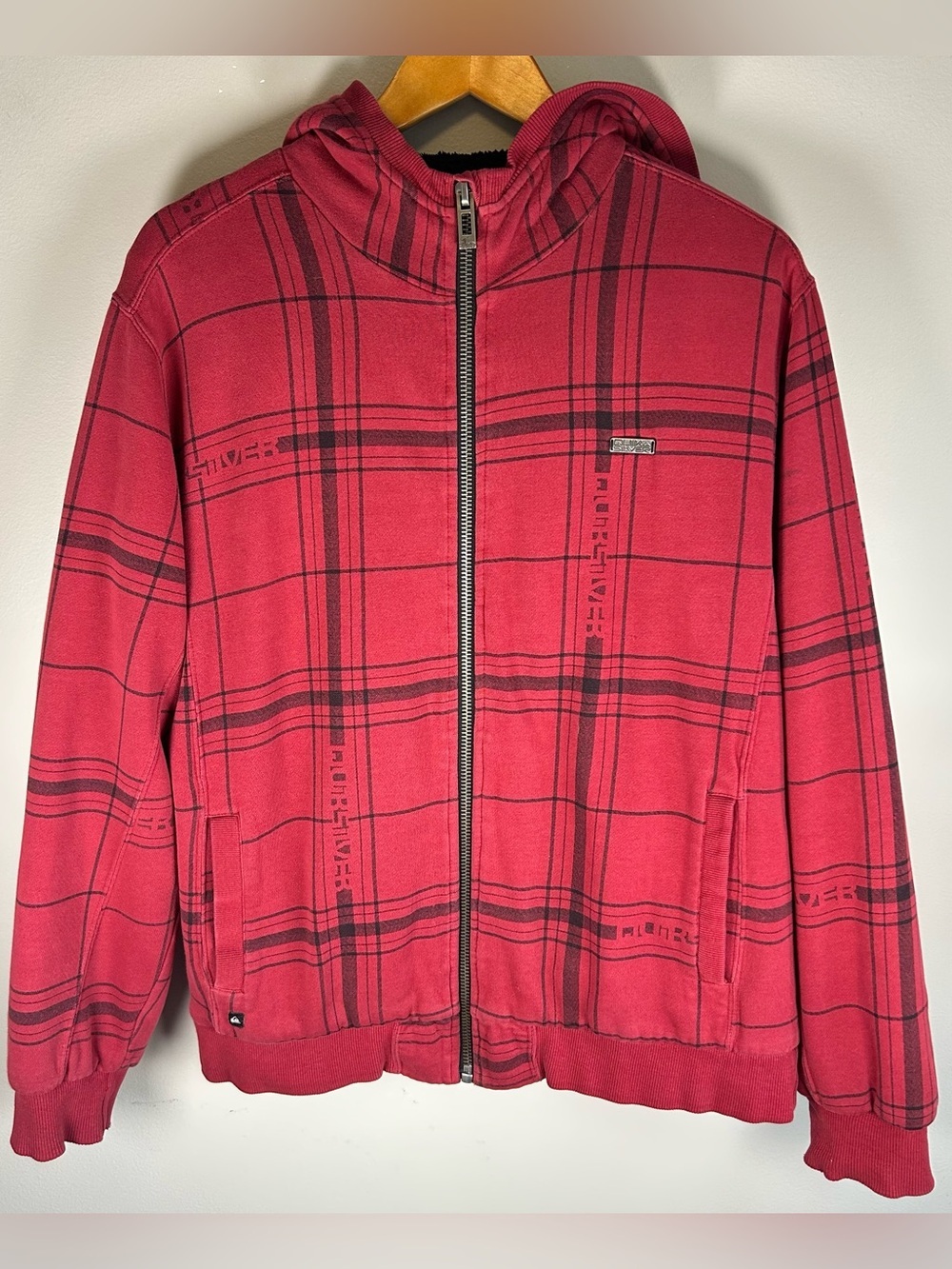 VTG Y2K Quiksilver Men’s Hoodie Full Zip Sweater Size S Fleece Lined Plaid Red